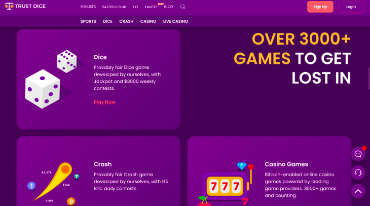 trust dice casino main page screenshot