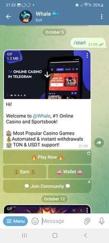 whale.io telegram screenshot of casino bot