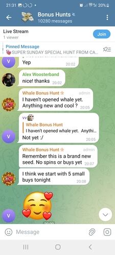whale.io telegram screenshot of bonus hunts