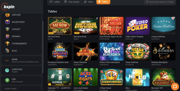 bspin casino table games screenshot