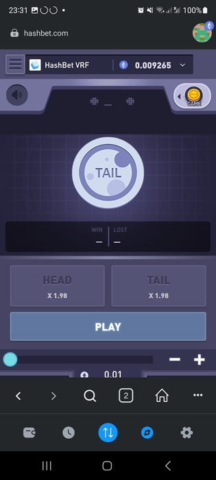hashbet tails crypto game screenshot mobile